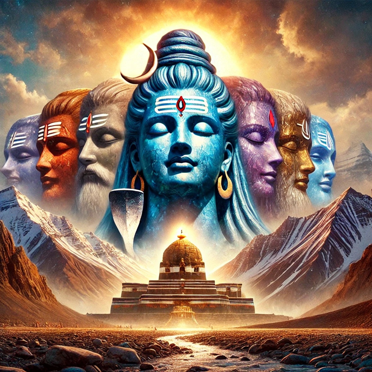 Visual representation of the four faces of Mount Kailash, symbolizing the divine aspects of Lord Shiva and his connection to the sacred mountain